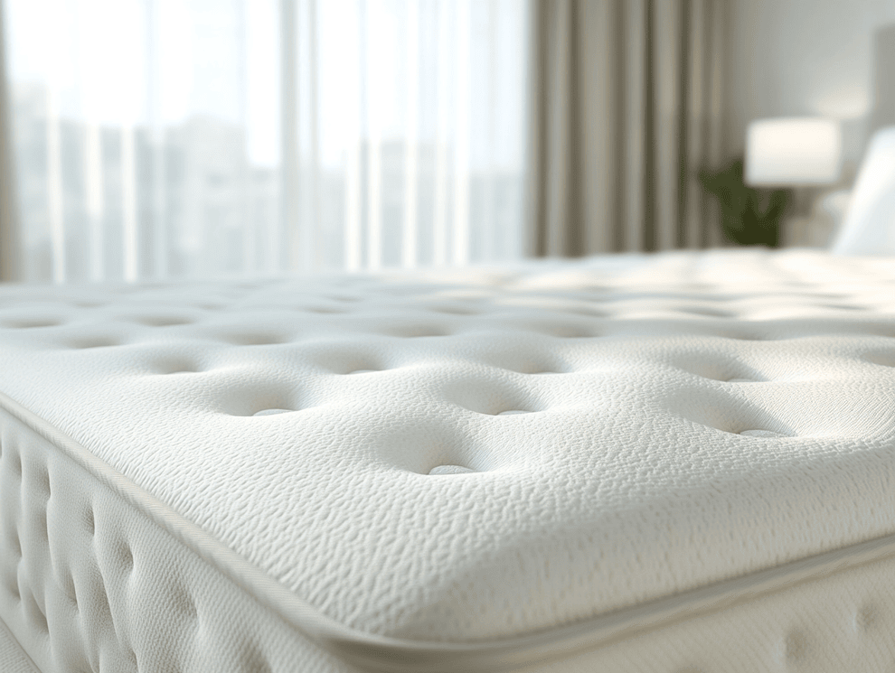 Eine Nahaufnahme einer weißen Plüschmatratze mit strukturierter, gesteppter Oberfläche und Härtegrad 1 in einem hellen Schlafzimmer mit durchsichtigen Vorhängen und weichem Tageslicht.
