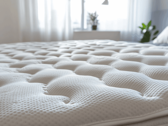 Nahaufnahme einer weißen, strukturierten Matratze mit Härtegrad 3 und einem Steppmuster in einem hellen, sonnenbeschienenen Schlafzimmer. Im Hintergrund sind verschwommene Fenster, weiße Vorhänge und Topfpflanzen auf einem Tisch zu sehen.