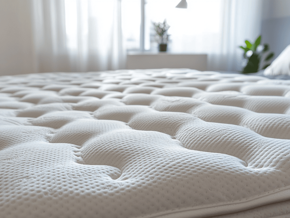 Nahaufnahme einer weißen, strukturierten Matratze mit Härtegrad 3 und einem Steppmuster in einem hellen, sonnenbeschienenen Schlafzimmer. Im Hintergrund sind verschwommene Fenster, weiße Vorhänge und Topfpflanzen auf einem Tisch zu sehen.