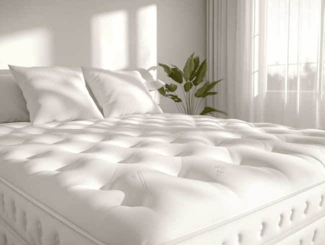 Ein helles Schlafzimmer mit Sonnenlicht, das durch ein Fenster auf eine weiße, getuftete Härtegrad-3-Matratze mit zwei Kissen fällt. Im Hintergrund steht eine Grünpflanze neben weißen Vorhängen.