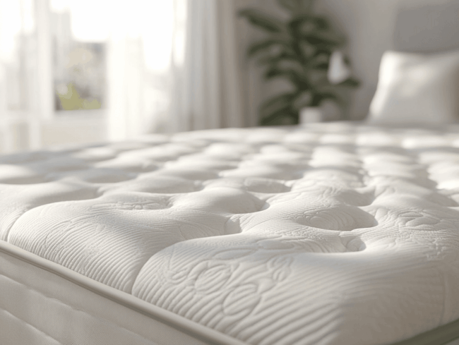 Nahaufnahme einer weißen, gesteppten Plüschmatratze mit verschlungenen Mustern und Härtegrad 5 in einem hellen, sonnendurchfluteten Schlafzimmer mit weichen Möbeln und einer Topfpflanze im Hintergrund.