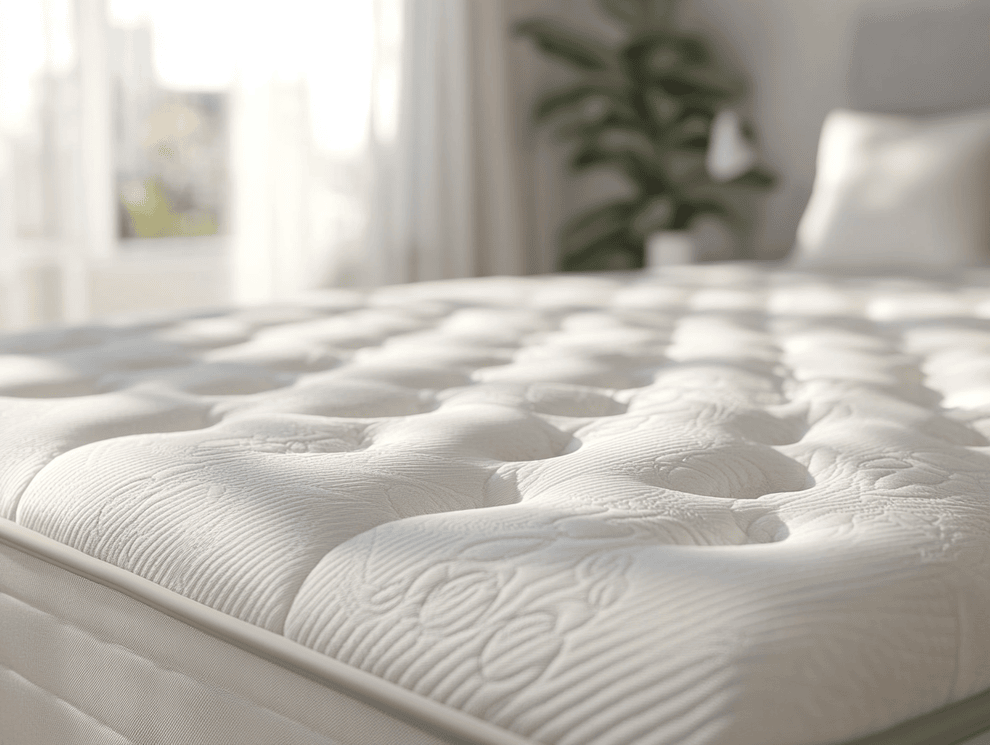 Nahaufnahme einer weißen, gesteppten Plüschmatratze mit verschlungenen Mustern und Härtegrad 5 in einem hellen, sonnendurchfluteten Schlafzimmer mit weichen Möbeln und einer Topfpflanze im Hintergrund.