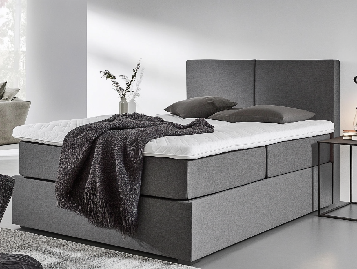 Ein modernes, grau gepolstertes Bett mit weißer Matratze, Matratzen-Topper, dunkelgrauer Decke und passenden Kissen. Ein kleiner Tisch mit einer Vase und minimalem Dekor steht daneben in einem hellen, minimalistischen Schlafzimmer.