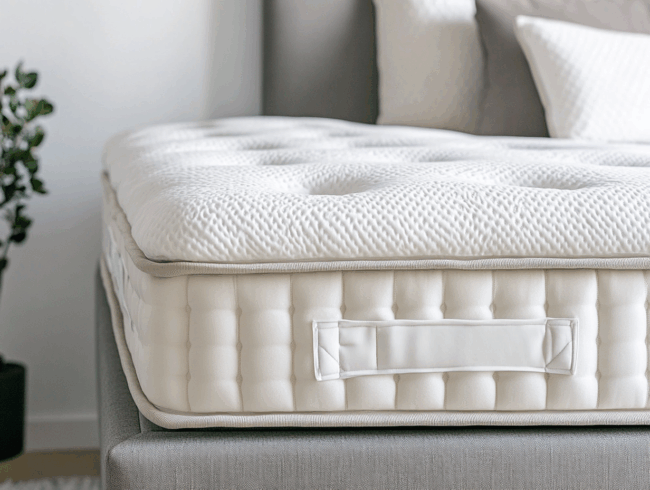 Nahaufnahme einer dicken, weißen Matratze mit strukturierter Oberfläche und seitlichem Griff, die auf einem grauen, gepolsterten Bettgestell liegt. Im Hintergrund ruhen Kissen neben einer Blattpflanze - ideal, wenn Ihre vorherige Matratze zu hart war.