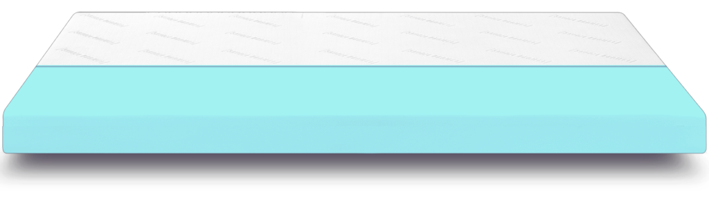 Querschnitt einer Matratze mit einer weißen Oberschicht und einer dicken hellblauen Schaumstoffschicht darunter, dargestellt vor einem schwarzen Hintergrund.