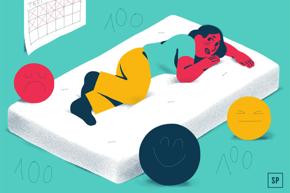 Illustration einer Person, die auf einem Bett für ein Probeschlafen liegt und nachdenklich aussieht, umgeben von bunten Emoticons, die verschiedene Emotionen darstellen, mit einem Kalender und 100 Markierungen im Hintergrund.