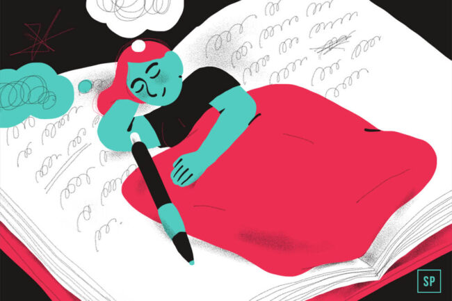 Illustration einer Person mit blaugrüner Haut und rosa Haaren, die auf einem großen aufgeschlagenen Buch schläft, zugedeckt von einer rosa Decke, mit einem Stift in der Hand, mit Gedankenblasen über dem Kopf - perfekt für Themen wie Traumtagebuch oder Traumerinnerung.