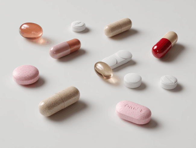 Eine Vielzahl von verschieden geformten und gefärbten Pillen und Kapseln, einschließlich Schlaftabletten, sind auf einer weißen Oberfläche in runden, ovalen, länglichen und kapselartigen Formen in rosa, weißen, beigen, roten und durchscheinenden Tönen verstreut.