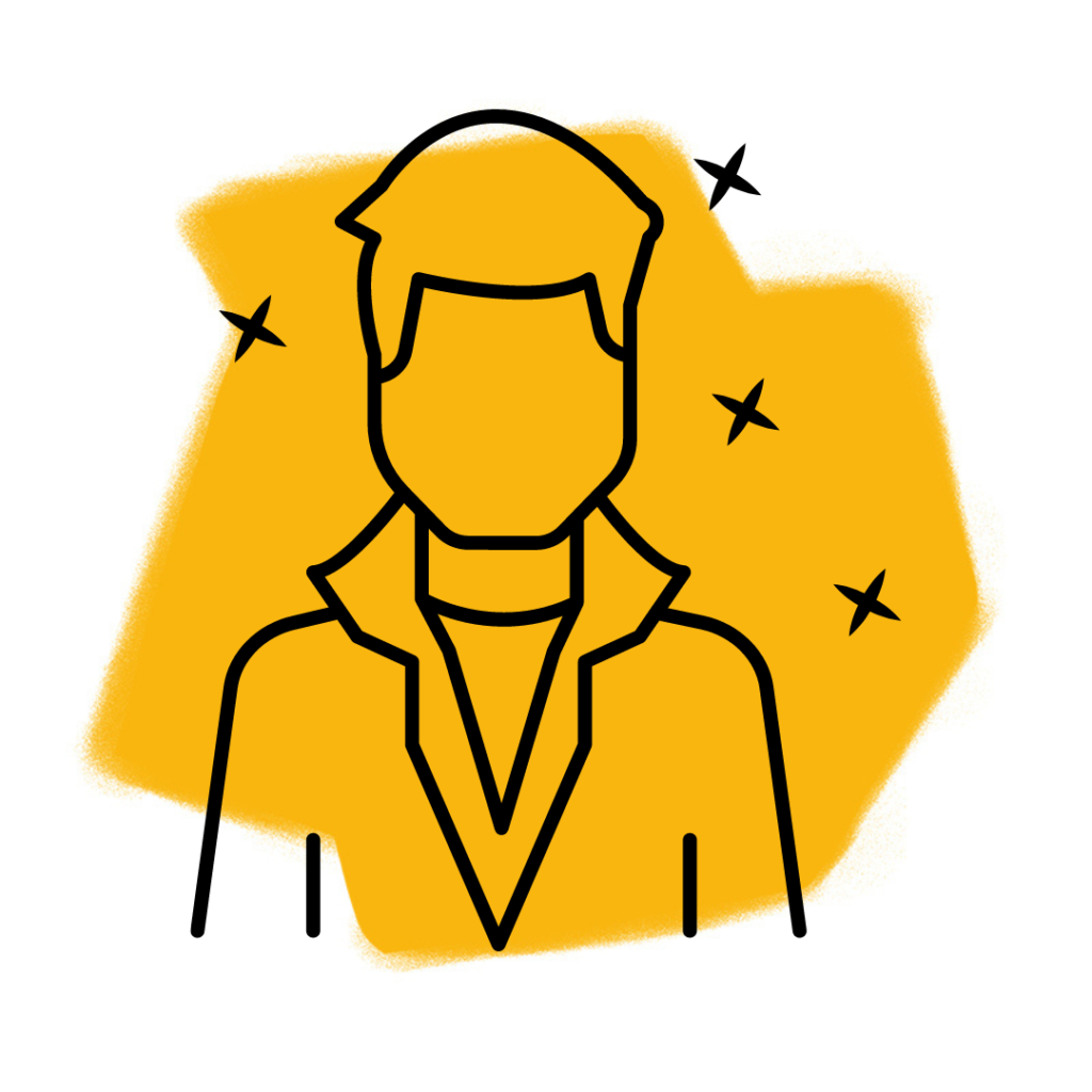 Eine einfache Strichzeichnung einer gesichtslosen Person mit kurzen Haaren und einer Jacke vor einem gelben, abstrakten Hintergrund mit vier Sternformen evoziert Prominenz und deutet durch ihre traumhafte Aura Traumdeutung an.