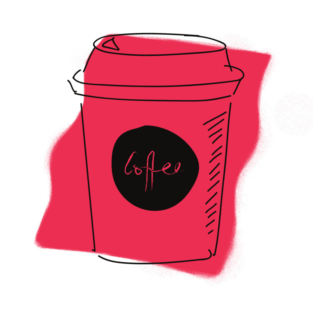 Eine stilisierte Illustration eines roten Kaffeebechers zum Mitnehmen aus einem Café mit einem schwarzen Kreisetikett, auf dem handschriftlich Kaffee steht. Der Hintergrund besteht aus groben roten Formen und skizzenhaften Linien, die eine verträumte, fast traumdeutungsartige Stimmung hervorrufen.