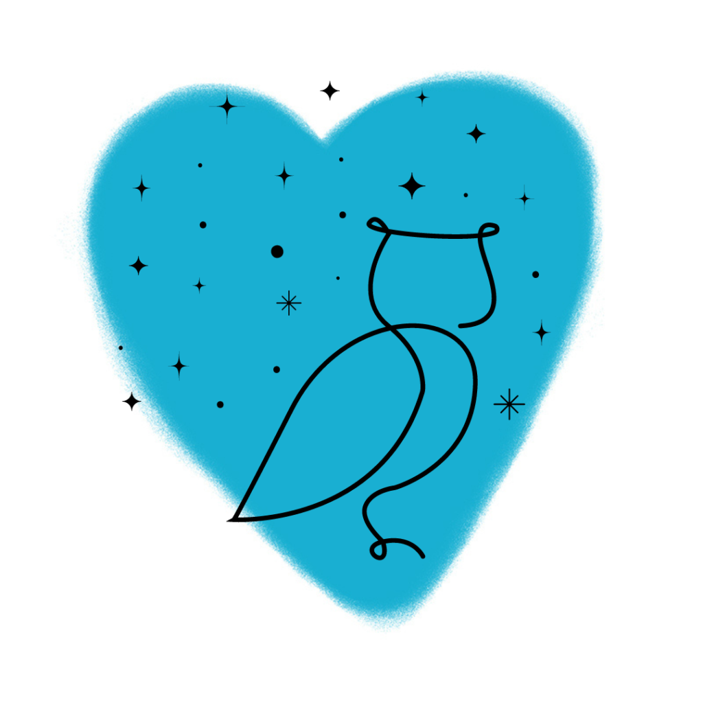 Eine minimalistische, schwarz umrandete Eulenzeichnung befindet sich vor einem blauen, herzförmigen Hintergrund mit verstreuten Sternen und Punkten, der ein verträumtes, skurriles Gefühl hervorruft - perfekt für alle, die von der Traumdeutung Eule oder der Bedeutung Eule Traum fasziniert sind.