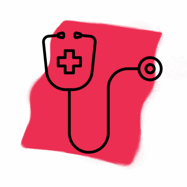 Ein einfacher schwarzer Umriss eines Stethoskops mit einem medizinischen Kreuzsymbol auf dem Bruststück vor einem roten abstrakten Hintergrund symbolisiert die Kompetenz eines Arztes oder einer Ärztin.