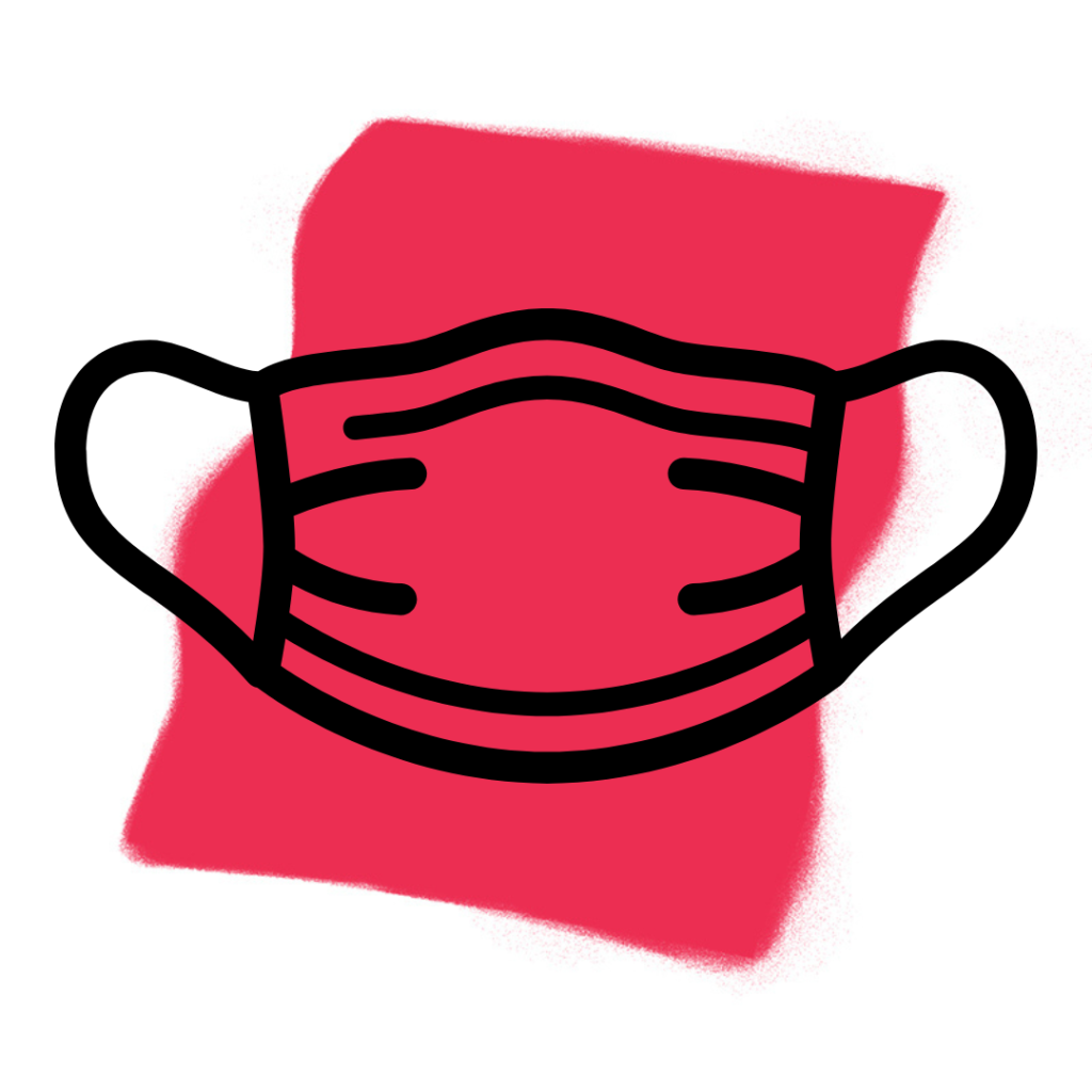 Eine einfache schwarze Umrisszeichnung einer Maske erscheint über einem roten, unregelmäßigen rechteckigen Hintergrund, inspiriert durch das Konzept der Traumdeutung Maske.