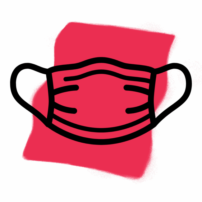 Eine einfache schwarze Umrisszeichnung einer Maske erscheint über einem roten, unregelmäßigen rechteckigen Hintergrund, inspiriert durch das Konzept der Traumdeutung Maske.