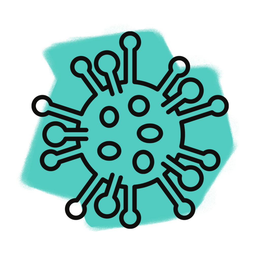 Eine stilisierte Illustration eines Virus mit einem türkisfarbenen kreisförmigen Zentrum und mehreren Linien, die in kleinen Kreisen enden und Spike-Proteine darstellen, auf einem türkisfarbenen abstrakten Hintergrund erinnert an die Bilder, die man oft in Traumdeutung sieht.