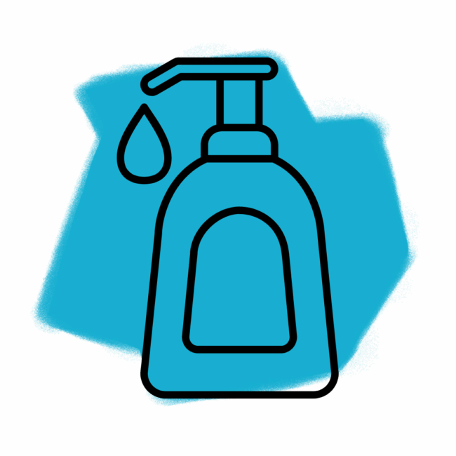 Eine einfache Strichzeichnung eines Flüssigseifenspenders mit einem herauskommenden Tröpfchen vor einem blauen, spritzenden Hintergrund, der Desinfektion und Sauberkeit symbolisiert.