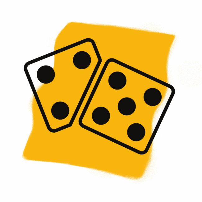 Zwei schwarz umrandete Würfel, von denen einer drei und der andere sechs Punkte zeigt, erinnern an Spiele, da sie in einem Winkel über einer gelben abstrakten Form auf weißem Hintergrund ruhen, was eine spielerische Anspielung auf Traumdeutung und Zufall darstellt.