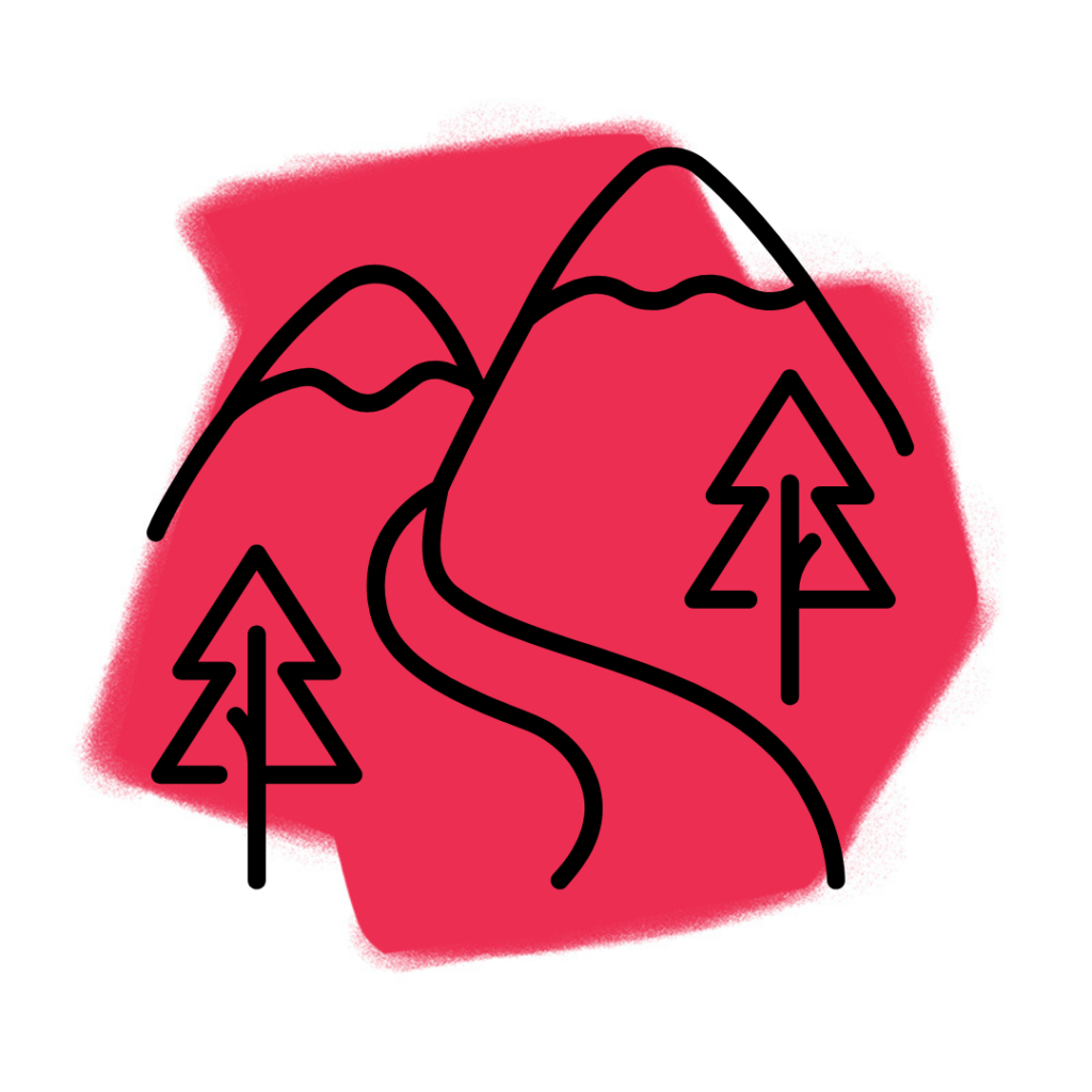 Eine einfache Strichzeichnung eines verschlungenen Pfades, der zwischen zwei Kiefern in Richtung Berge führt, mit einer kräftigen roten Form im Hintergrund - wie eine lebendig gewordene Szene aus der Traumdeutung.