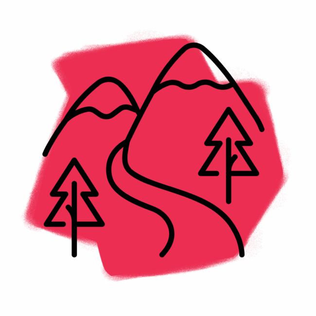 Eine einfache Strichzeichnung eines verschlungenen Pfades, der zwischen zwei Kiefern in Richtung Berge führt, mit einer kräftigen roten Form im Hintergrund - wie eine lebendig gewordene Szene aus der Traumdeutung.