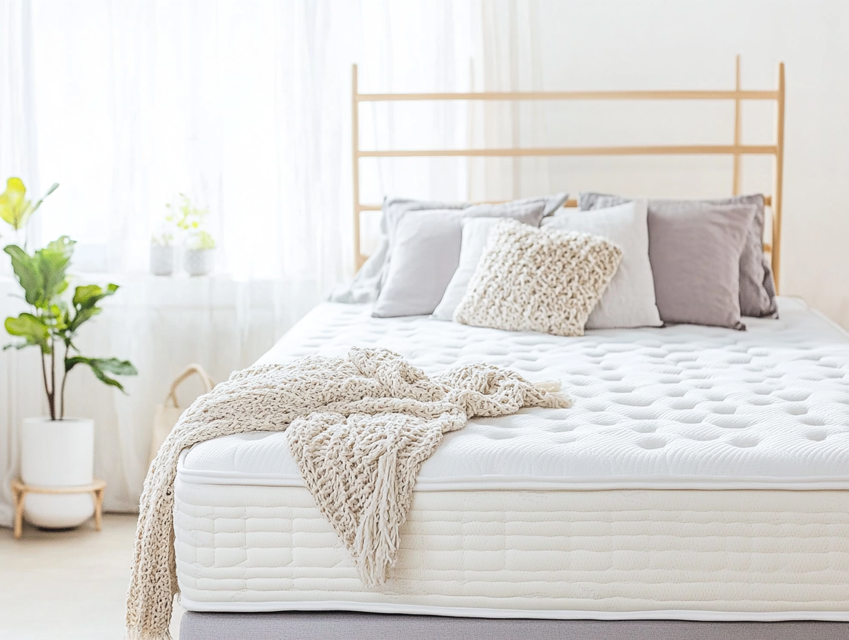 Ein ordentlich gemachtes Bett mit einer weichen Matratze, einer cremefarbenen Decke und mehreren grauen und cremefarbenen Kissen steht in einem hellen Raum mit großen Fenstern, einem hölzernen Kopfteil und einer Topfpflanze - perfekt für alle, die eine Matratze härter machen wollen.