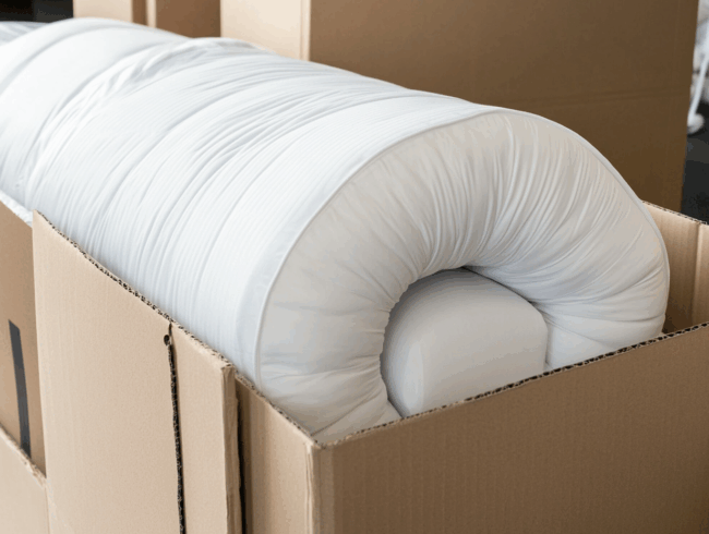 Eine aufgerollte, in weißen Stoff eingewickelte Matratze verpackt teilweise in einem offenen Karton, bereit für den Versand, Umzug oder das Auspacken.