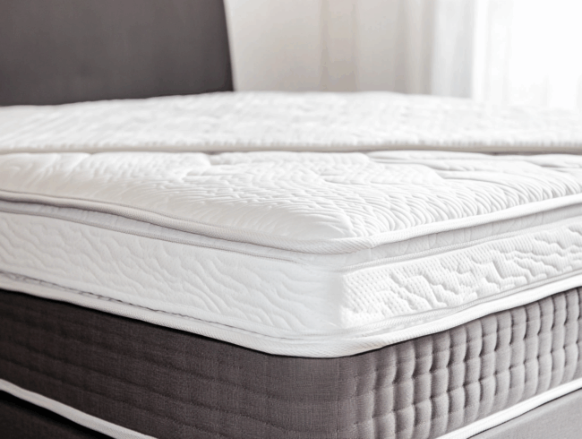 Eine Nahaufnahme einer weißen Matratzenauflage, die auf eine graue Matratze gelegt wird, ideal für Matratze weicher machen, mit natürlichem Licht, das durch ein Fenster im Hintergrund scheint.