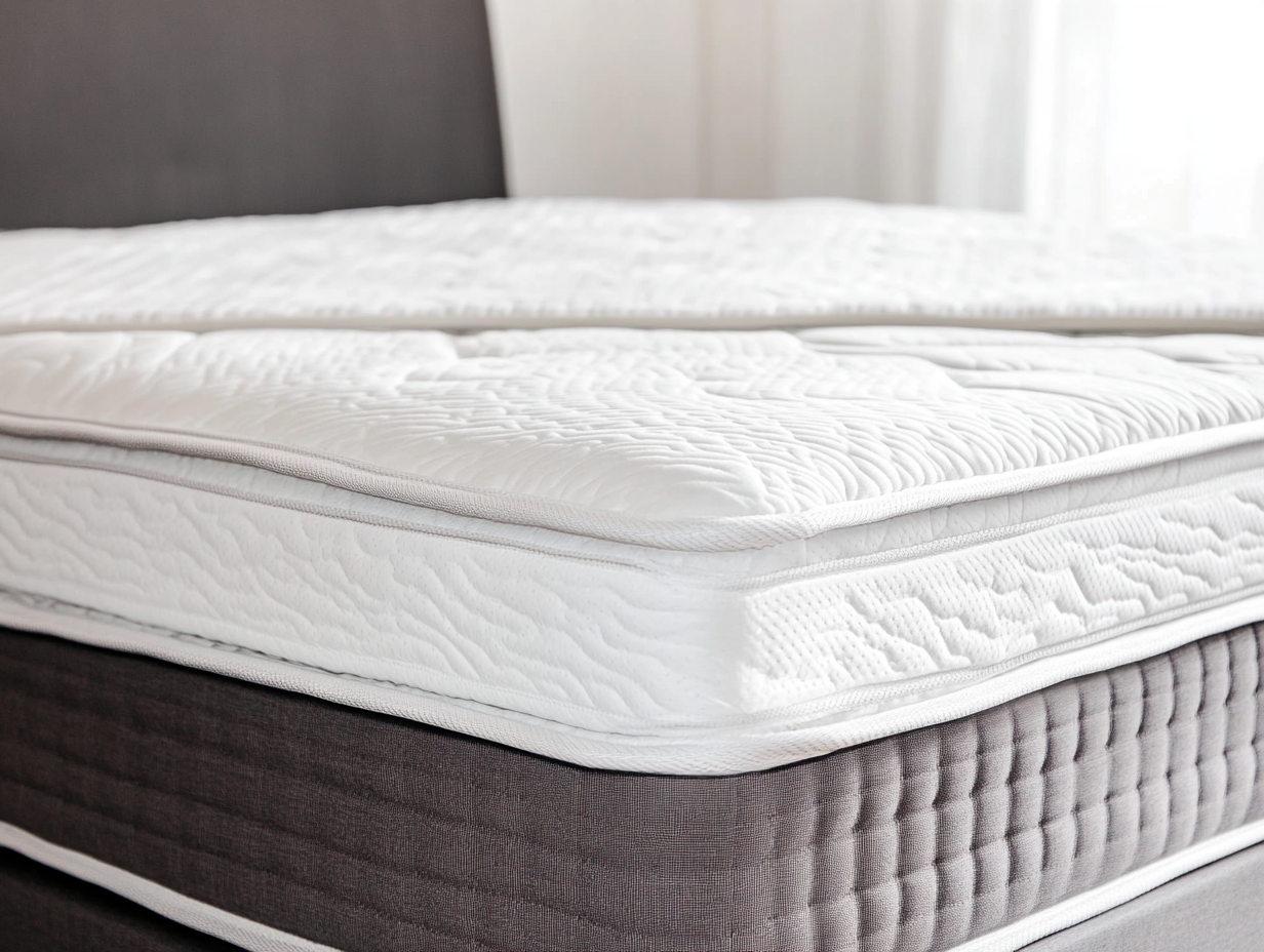 Eine Nahaufnahme einer weißen Matratzenauflage, die auf eine graue Matratze gelegt wird, ideal für Matratze weicher machen, mit natürlichem Licht, das durch ein Fenster im Hintergrund scheint.