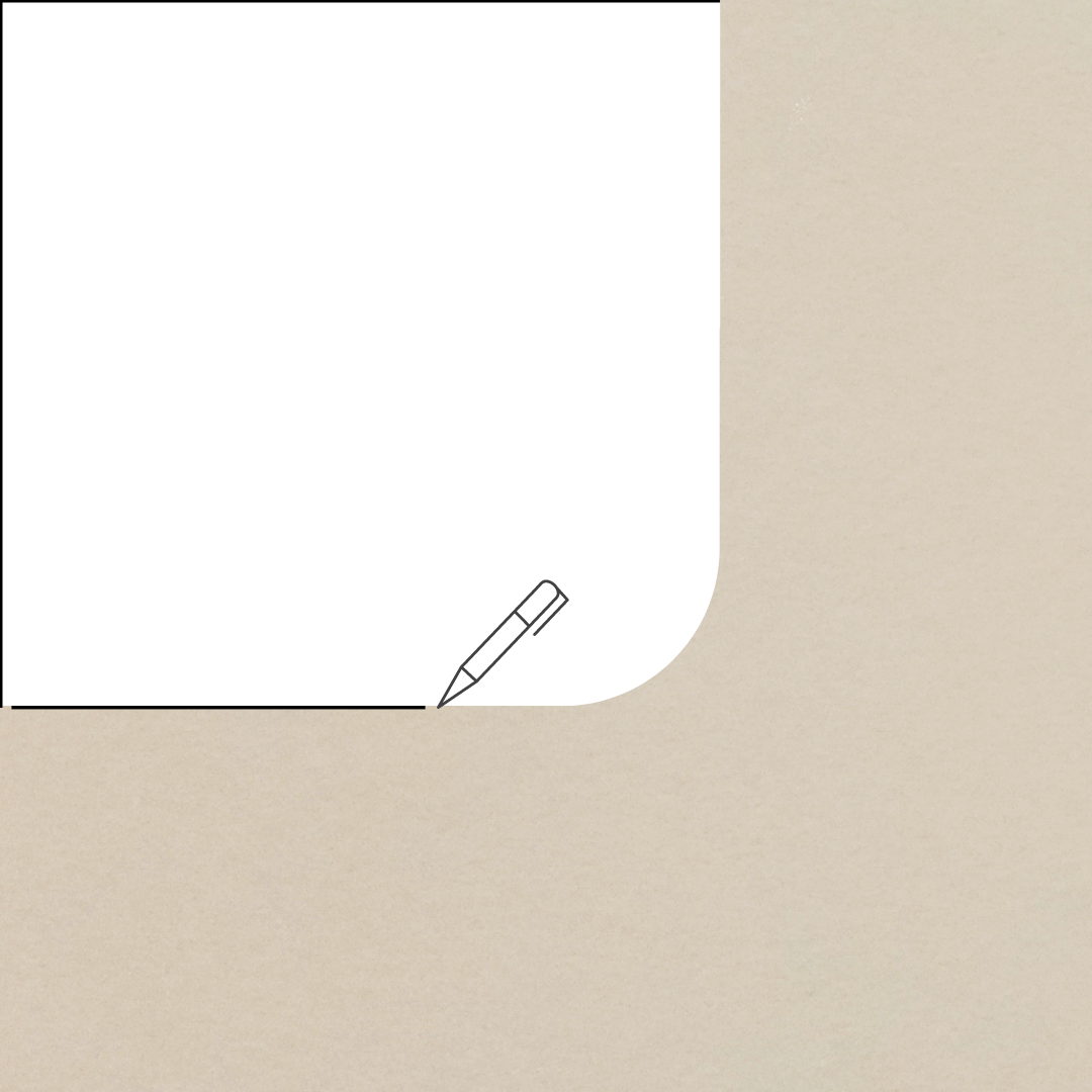 Eine minimalistische Illustration zeigt einen Bleistift, der eine schwarze Linie an der Ecke eines weißen, abgerundeten Rechtecks auf einem beigen Hintergrund zeichnet.