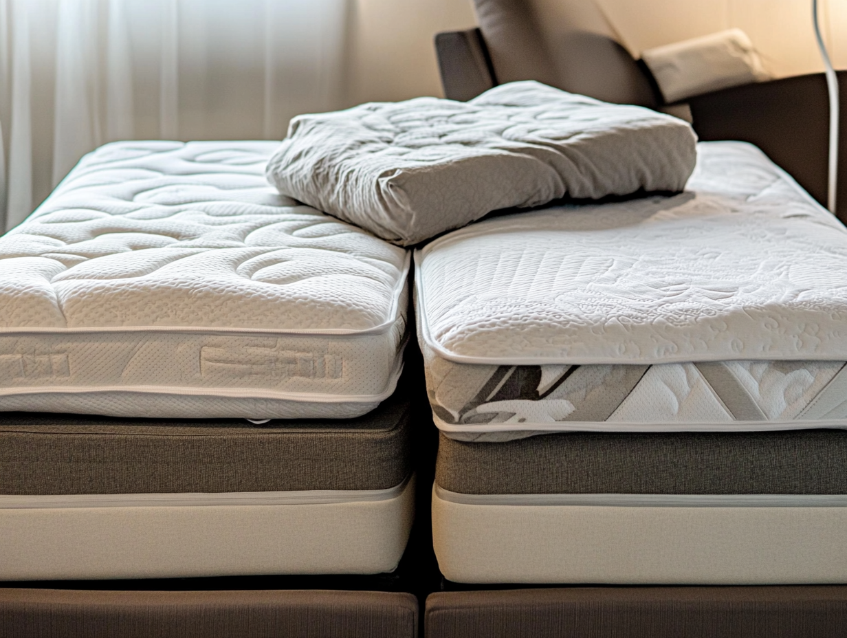 Ein doppelbett mit zwei separaten Matratzen aber auf jeder Matratze liegt eine zweite obendrauf.