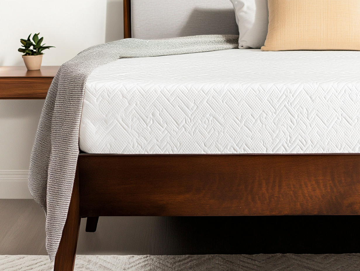 Nahaufnahme eines ordentlich gemachten Bettes mit einer strukturierten weißen Matratze, die dafür sorgt, dass die Matratze nicht rutscht, einem Holzrahmen, einer über die Seite drapierten grauen Decke und einer kleinen Topfpflanze auf dem hölzernen Nachttisch im Hintergrund.