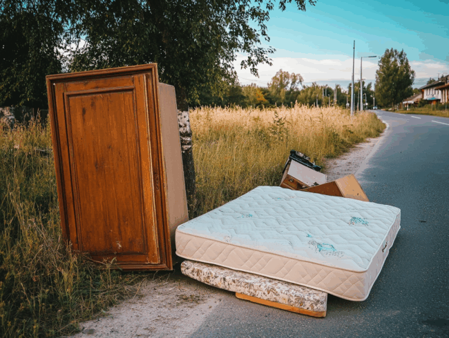 eine alte Matratze und andere alte Möbel warten an der Straße auf den Sperrmüll