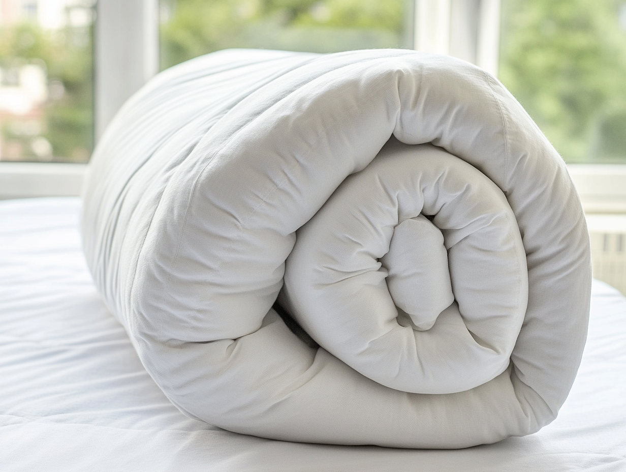 Eine zusammengerollte weiße Bettdecke, ähnlich wie eine Matratze, liegt auf einem ordentlich gemachten Bett mit weißen Laken in der Nähe eines Fensters mit Blick auf üppiges Grün.