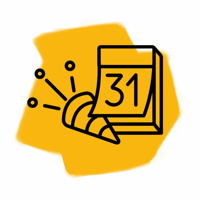 Ein Partyknaller und ein Kalender mit der Zahl 31, gezeichnet in schwarzen Linien auf gelbem, abstraktem Hintergrund, fangen den festlichen Geist von Silvester ein.