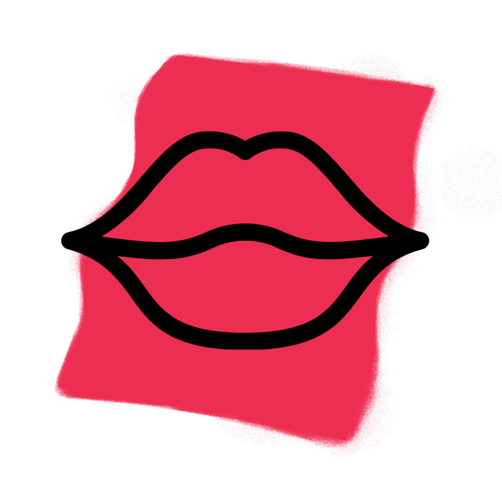 Ein fetter schwarzer Umriss eines Mundes ist über einem ungleichmäßigen roten Rechteck mit weichen Rändern auf weißem Hintergrund zentriert und erinnert an das Traumsymbol, das in der Traumdeutung oft untersucht wird.