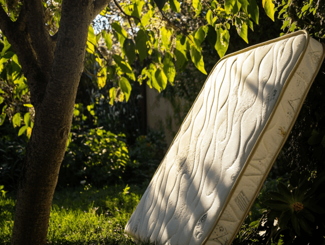 Eine Matratze trocknen steht aufrecht an einem Baum in einem sonnenbeschienenen, belaubten Garten, wobei das gedämpfte Sonnenlicht Schatten auf das Gras und die Matratzenoberfläche wirft.