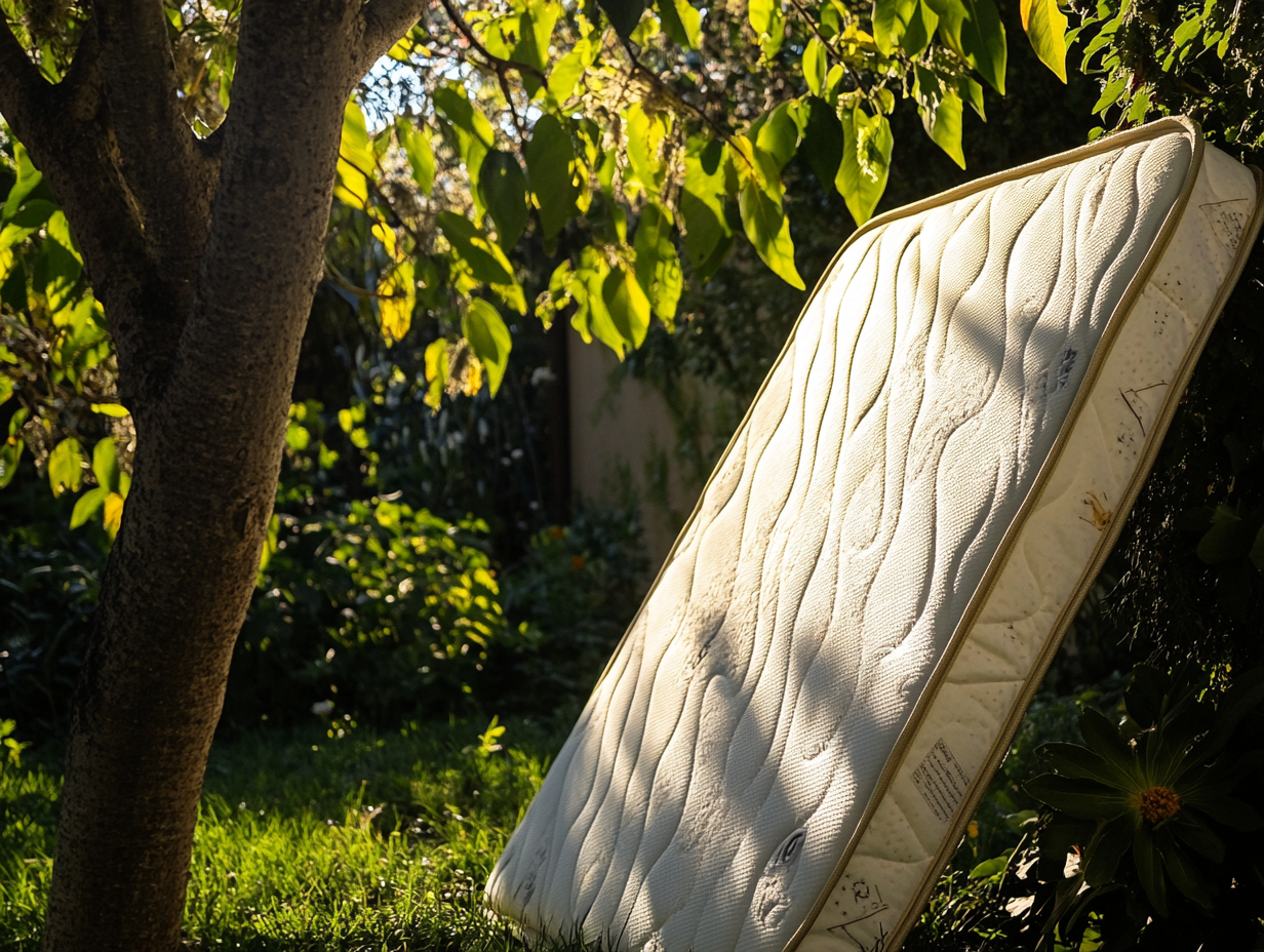 Eine Matratze trocknen steht aufrecht an einem Baum in einem sonnenbeschienenen, belaubten Garten, wobei das gedämpfte Sonnenlicht Schatten auf das Gras und die Matratzenoberfläche wirft.