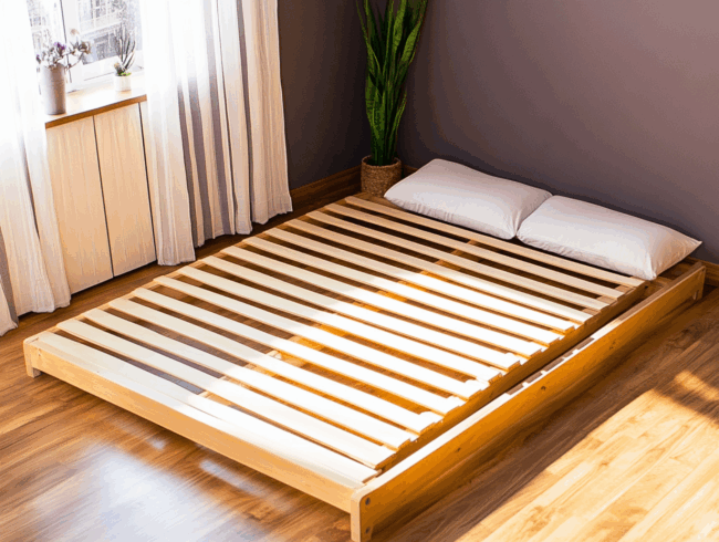 Ein helles Schlafzimmer mit einem Lattenrost-Bettgestell aus Holz, zwei weißen Kissen, einer Topfpflanze, hellen Vorhängen und Holzboden. Das Sonnenlicht fällt durch ein Fenster ein und schafft eine warme, minimalistische Atmosphäre.