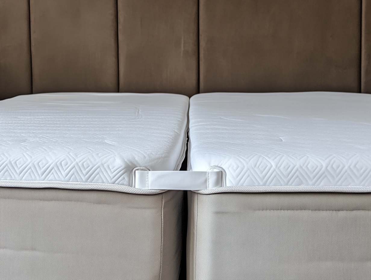 zwei nebeneinander liegende Matratzen, die durch ein weißes Band verbunden werden