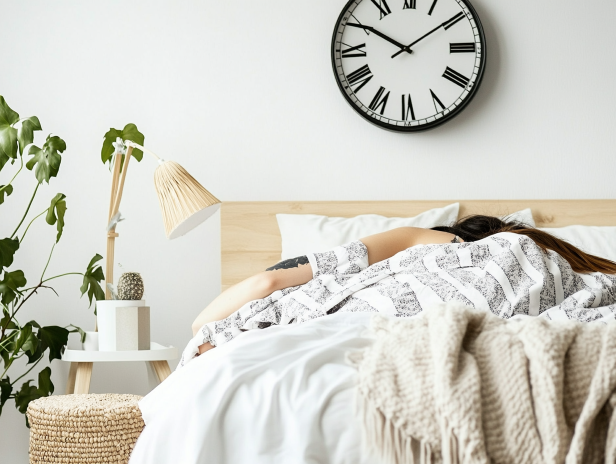 Eine Person schläft in einem Bett mit weißer und gemusterter Bettwäsche und genießt einen erholsamen Schlafzyklus. Eine große Uhr an der Wand zeigt 10:10. Auf dem Nachttisch stehen eine Lampe, Bücher und eine kleine Pflanze, und in der Ecke steht eine Blattpflanze.