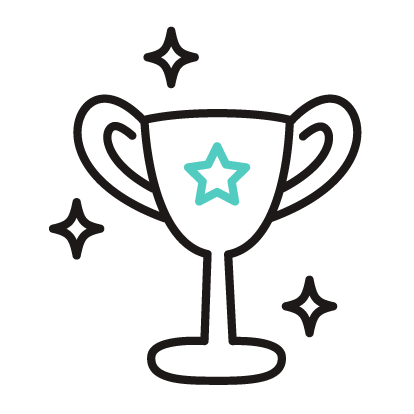 Strichzeichnung eines Trophäenpokals mit einem blauen Stern in der Mitte und drei funkelnden Sternen drum herum, die Leistung oder Sieg symbolisieren.