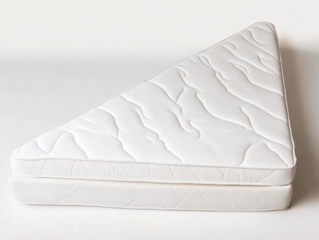 Eine weiße, dreieckige Matratze mit strukturiertem Oberflächenmuster sitzt auf einer passenden rechteckigen Matratze vor einem schlichten, hellen Hintergrund - ideal für alle, die Matratze zuschneiden wollen, mit praktischer PDF-Anleitung.