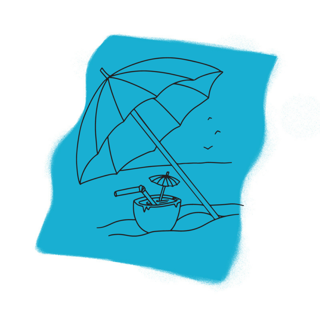 Strichzeichnung einer Strandszene (Traumdeutung Strand) mit einem großen Sonnenschirm, einem Kokosnussgetränk mit Strohhalm und kleinem Schirmchen sowie Vögeln, die über den Ozean fliegen, vor einem hellblauen Hintergrund.