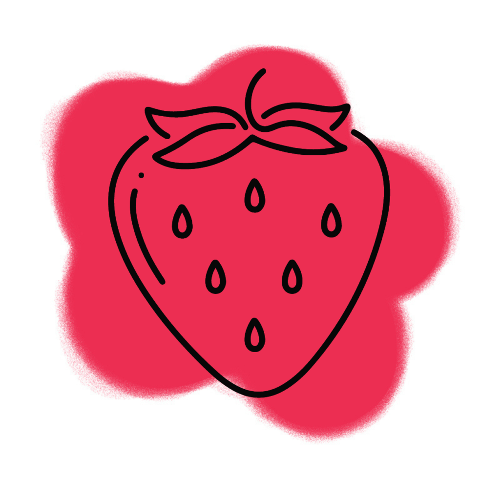 Eine einfache Strichzeichnung einer Erdbeere mit Kernen und Blättern, gefüllt mit roter Farbe, die sich in einer weichen, wolkenartigen Form hinter der Frucht ausbreitet - ein Bild, das an das Traumsymbol Erdbeere und seine träumerische Bedeutung erinnert.