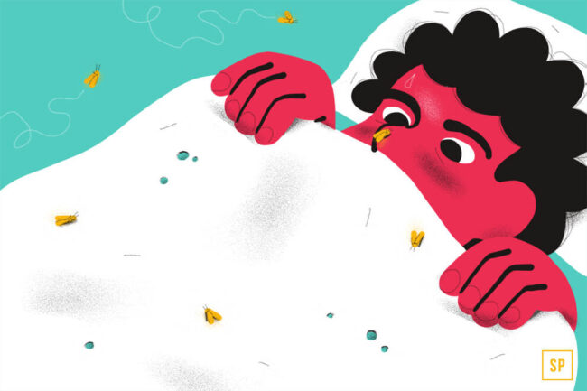 Eine besorgte Person mit roter Haut liegt im Bett und umklammert eine Decke, während gelbe Wanzen - wie Motten im Schlafzimmer - auf den Laken herumkrabbeln und eine auf ihrer Nase landet. Der Hintergrund ist türkisfarben.