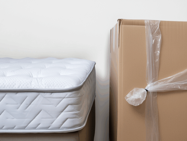 Eine weiße Matratze mit Steppmuster liegt neben einem großen, in Plastik eingewickelten Karton, bereit zum Matratze zurückschicken, vor einer schlichten weißen Wand.