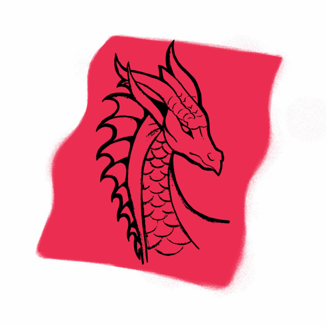 Eine schwarze Strichzeichnung des Kopfes und Halses eines Drache mit Schuppen und spitzen Hörnern steht vor einem rauen, roten, rechteckigen Hintergrund - eine Anspielung auf das kraftvolle Traumsymbol, das in der Traumdeutung oft thematisiert wird.