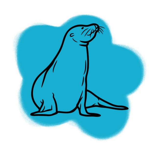 Eine einfache, schwarze Strichzeichnung einer aufrecht sitzenden Robbe (Seelöwe) auf blauem, abstraktem Hintergrund, die an die Ruhe und das Geheimnisvolle erinnert, das oft in der Traumdeutung und Traumsymbolik zu finden ist.