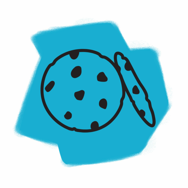 Einfache Illustration eines Schokoladenkekses, von dem man abgebissen hat, vor einem blauen abstrakten Hintergrund - perfekt für alle, die sich für Kekse interessieren oder süße Traumbilder und Traumdeutung erforschen.