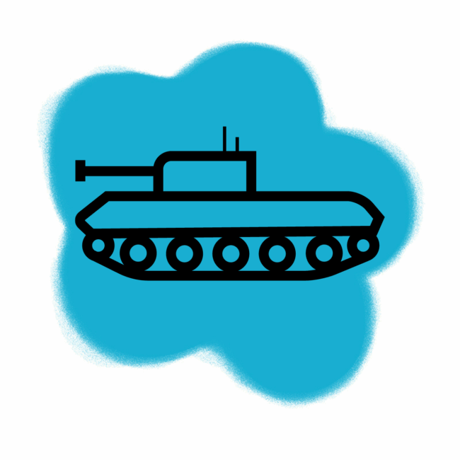 Ein einfacher schwarzer Umriss eines Panzers mit einer langen Kanone ist vor einem hellblauen, wolkenähnlichen Hintergrund zu sehen, der an die surreale Bildsprache erinnert, die in Traumdeutung oft verwendet wird.