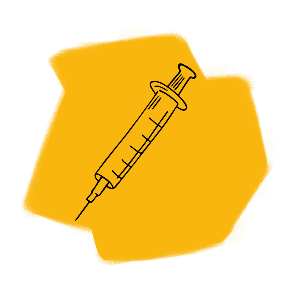 Eine einfache schwarze Strichzeichnung einer Spritze ist auf einem gelben, abstrakten Hintergrund zu sehen und erinnert an die Symbolik, die in der Traumdeutung oft untersucht wird.